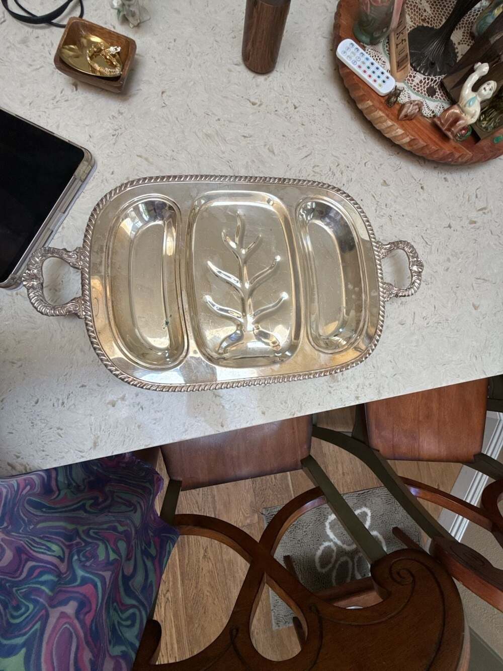 Wallace Silverplate Royal English Shell & Bead Rope 23" Meat Platter Tree Wells